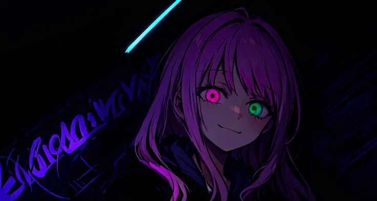 detailed background, masterpiece, best quality, smile, himemori luna, heterochromia, pink hair <[expression]>, hoodie, portrait, neon, graffiti, dark, night, glowing eyes, blacklight