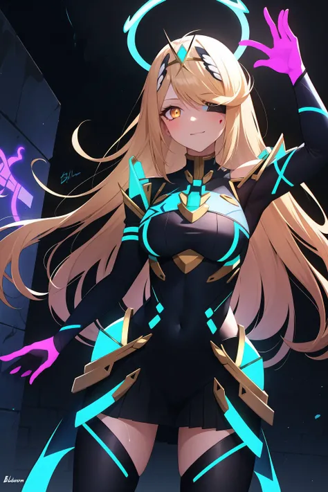 1girl, mythra \(xenoblade\), xenoblade chronicles \(series\), (xenoblade chronicles 2), standing, armor, perfect hands, blonde hair, long hair, golden eyes, <lora:mythra_pyra_pneuma-000050:0.4>, ((masterpiece)), (best quality), 8k, ultra-detailed, absurdress, best quality, intricate details, chromatic aberration, 1girl, long hair, black hair, messy hair, red highlights, hair over one eye, red eyes, sharp eyes,angel, halo over head, angel wings, against wall, brick wall, graffiti, (glowing graffiti:1.2), (glowing tattoos1.1), glow, neon lights, (blacklight:1.4), <lora:blacklight:1.3>