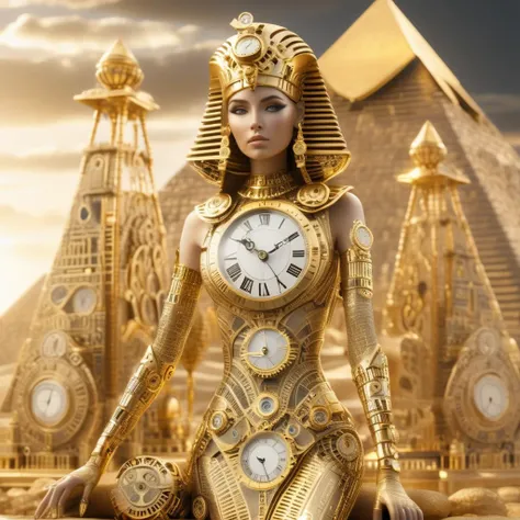 timeart beautiful golden clock Cleopatra in a costume from that time, with the pyramids in the background, very realistic, very detailed, cinematic, professional light<lora:timeart:1>
