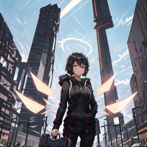 mksks style, (very detailed background:1.0), (highly detailed background:1.0), 1girl, upper_body, looking_at_viewer, hoodie, partially_unzipped, masterpiece,  <lora:Exusiai:0.5>, (Exusiai:2.5), chatting,light smile, upper body, wings,suit, suitcase, business suit,  small breasts, business casual,