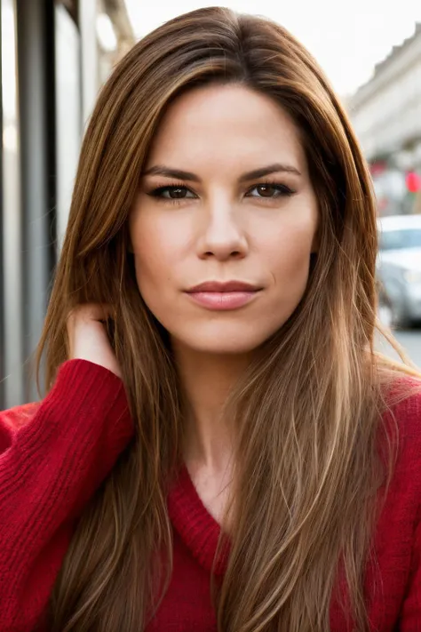 a photo of mko, looking straight, long hair, wearing an red sweater, closeup portrait, in a outdoor cafe in 2015, afternoon lightc, <lyco:MarianaKlaveno-RealVision-V1.0:1.0>