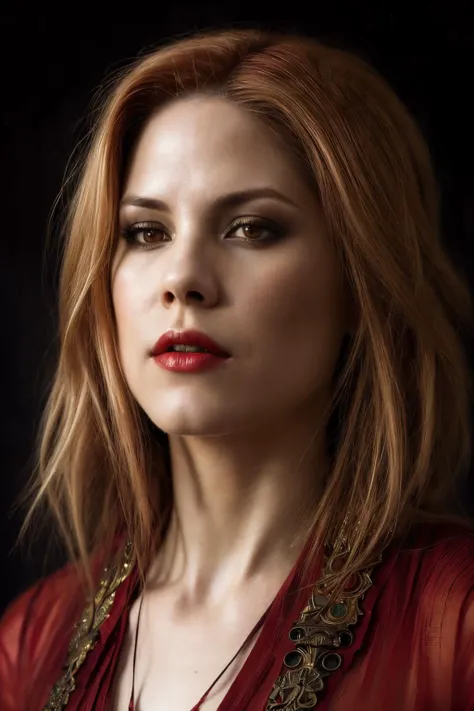 portrait photo of mko,(red vampire style shirt), (dirty blonde hair), alluring portrait, intricate, highly detailed, digital painting, artstation, concept art, naughty, sharp focus, cinematic lighting, illustration, art by artgerm and greg rutkowski, alphonse mucha, cgsociety,<lyco:MarianaKlaveno-RealVision-V1.0:1.0>,