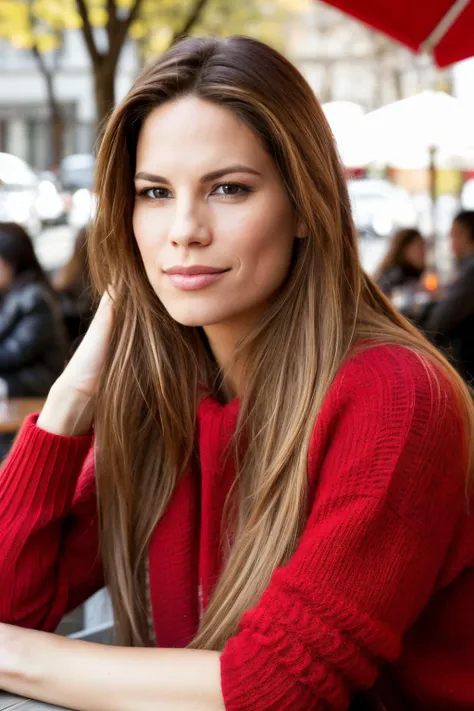 a photo of mko, looking straight, long hair, wearing an red sweater, closeup portrait, in a outdoor cafe in 2015, afternoon lightc, <lyco:MarianaKlaveno-RealVision-V1.0:1.0>