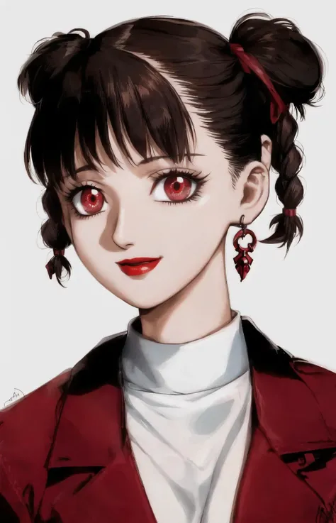 sawa (kite), a kite, 1girl, solo, smile, short hair, bangs, simple background, brown hair, shirt, red eyes, white background, ribbon, twintails, jewelry, jacket, hair ribbon, upper body, braid, earrings, artist name, signature, twin braids, looking to the side, black shirt, eyelashes, makeup, turtleneck, lipstick, portrait, red jacket, hair rings, red lips, retro artstyle <lora:90sv2.0R:0.6>