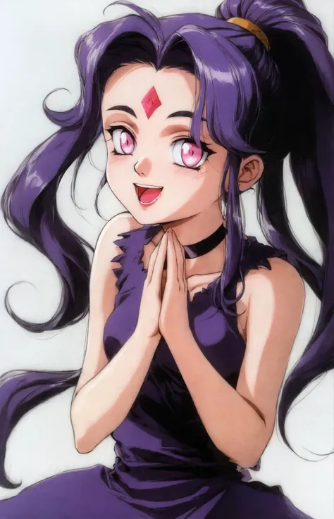 alielle, el hazard, 1girl, solo, long hair, looking at viewer, smile, open mouth, dress, blue hair, purple eyes, collarbone, upper body, ponytail, purple hair, teeth, sleeveless, choker, pink eyes, facial mark, own hands together, high ponytail, forehead mark, retro artstyle, own hands clasped, 1990s \(style\) <lora:90sv2.0R:0.6>