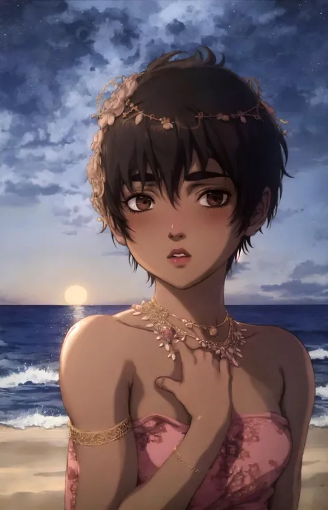casca \(berserk\), 1girl, solo, looking at viewer, blush, short hair, bangs, brown hair, brown eyes, jewelry, upper body, parted lips, sky, dark skin, necklace, dark-skinned female, lips, night, ocean, thick eyebrows, hand on own chest, portrait, night sky, close-up <lora:90sv2.0R:0.6>