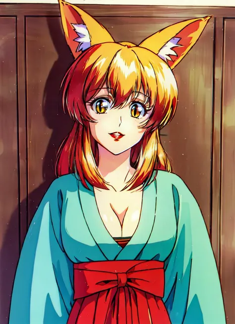 ((best quality)), ((highly detailed)), masterpiece, absurdres, detailed face, beautiful face, (detailed eyes, deep eyes), (1girl), upper body, kyuubi, <lora:9tail:.3>, 9tail fox, (multiple tails), (MILF), large breasts, ((cleavage)), collarbone, (red lips), sly grin, fox ears, fox tail, yellow eyes, <lora:slit-pupils:1>, snake eyes, (Madder) hair, <lora:MikoFashionV2:1>, miko, long sleeves, (inside, at an entryway), <lora:90sv2.0R:.55>, 1980s (style), retro artstyle