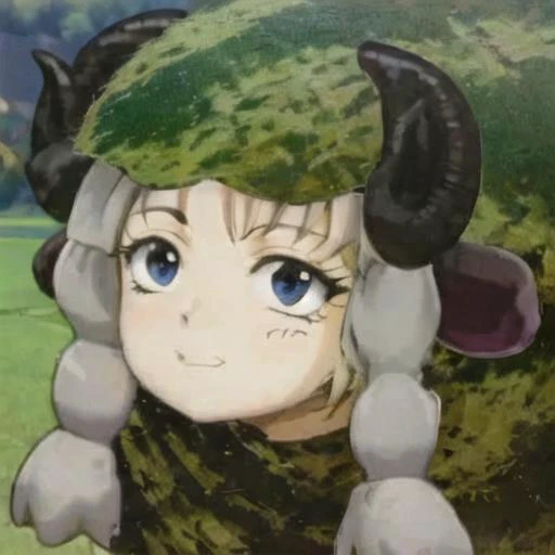 <lora:watamelon-10:0.8> (watamelon:1.1), detailed face, field, trees, scenic, round, sheep horns, (smug:0.82), (looking at viewer:0.05), (grin:0.05), <lora:90sv1.3RW:0.8>, 1990s \(style\), retro artstyle