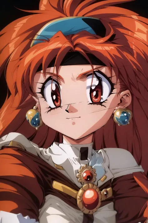 lina inverse, 1990s \(style\), 1girl, close-up, closed mouth, earrings, face, hat, headband, jewelry, red eyes, red hair, simple background, solo