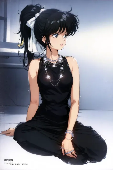 ayukawa madoka, 1girl, black hair, blue legwear, hair ribbon, jewelry, long hair, necklace, pants, ponytail, retro artstyle, ribbon, sitting, solo