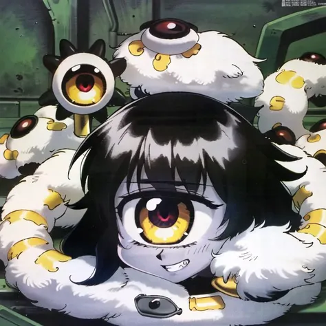 ((best quality)), ((highly detailed)), masterpiece, ((official art)), (detailed eyes, deep eyes), 1girl, <lora:aiomonstergirls_loraLocon:1>, ((gazer)), <lora:animeCyclops_v10:.5>, cyclop, (cyclops), one-eyed, colored skin, yellow colored sclera, red colored eyes, extra eyes, colored skin, grey colored skin, dark grey hair, medium breasts, grin, <lora:esthetic90sStyle_v12R:.6>, 1990s \(style\)
