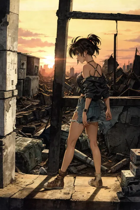 1990s \(style\), 1girl, torn clothes, ((post-apocalypse)), outdoors, broken windows, ruins, sunset <lora:90sv1.2R:0.6>