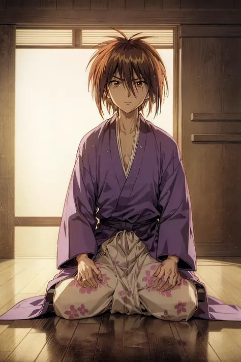 himura kenshin, 1boy, hakama, hakama skirt, japanese clothes, kimono, looking at viewer, male focus, sitting, skirt, solo, tatami, wooden floor <lora:90sv1.6R:0.6>