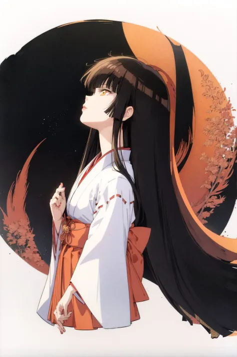 1990s \(style\), 1980s \(style\), blood moon, miyu yamano, 1girl, bangs, blunt bangs, brown hair, floating hair, hakama, hakama skirt, japanese clothes, kimono, lips, long hair, miko, profile, red hakama, solo, white kimono, yellow eyes <lora:90sv1.6R:0.6>