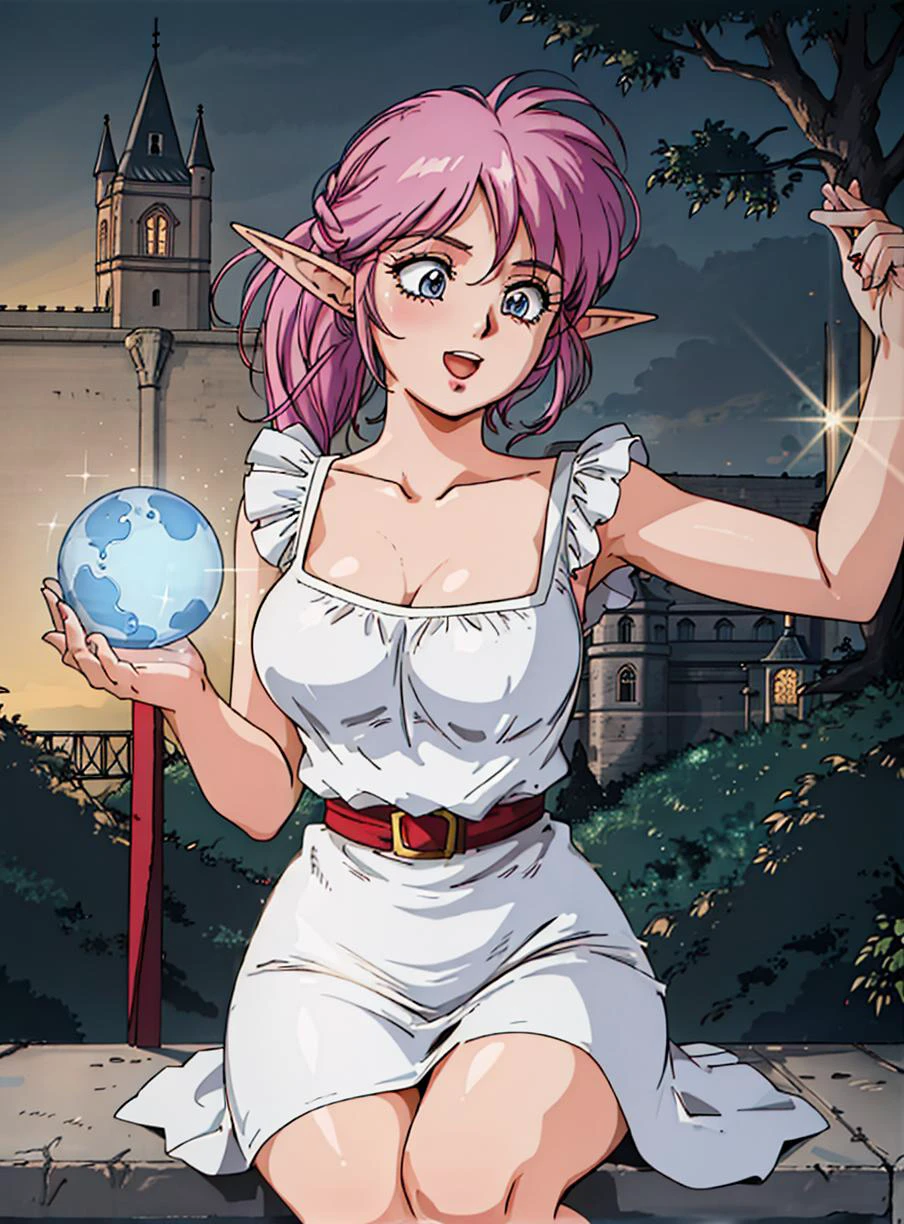 elf female, dress, mature, woman, seductive, retro, 1980s \(style\), aesthetic, nature, castle, (complex composition:1.1), (wires:1.1), mechanisms, bluethebone, 1girl, attractive, magneficient, magic atmosphere, love, romantic atmosphere, sliced pink hair, pigtail haircut, magic orb, open mouth, (joyful pose:1.2), <lora:1990sAnimeStyleLora_1:0.1>, <lora:1600sLORA:0.1>, <lora:bluetheboneEsthetic80s_bluethebone19:0.8>, <lora:bluetheboneEsthetic80s_bluethebone19:0.1>, <lora:esthetic90sStyle_90sv1:0.3>, <lora:esthetic90sStyle_90sv16R:0.1>, <lora:estheticUrushihara_uruv1:0.1>, <lora:yuukiNobuteru1990_offset:0.1>, <lyco:envybetterhandsLocon_beta2:1>, <lora:caughtConcept_v1:0.6>