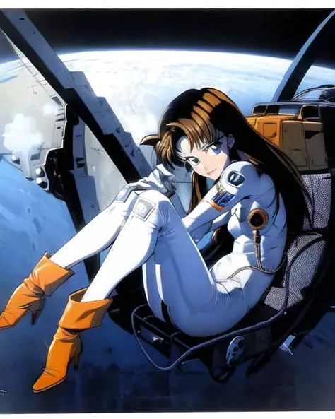 <lora:90sv1.3RW:1> master, chief 1990s \(style\), 1girl, blue eyes, boots, brown hair, earth \(planet\), gloves, helmet, helmet removed, long hair, looking at viewer, mecha, pilot suit, planet, retro artstyle, science fiction, space, space craft, spacesuit, star \(sky\), traditional media, daft punk, helmet