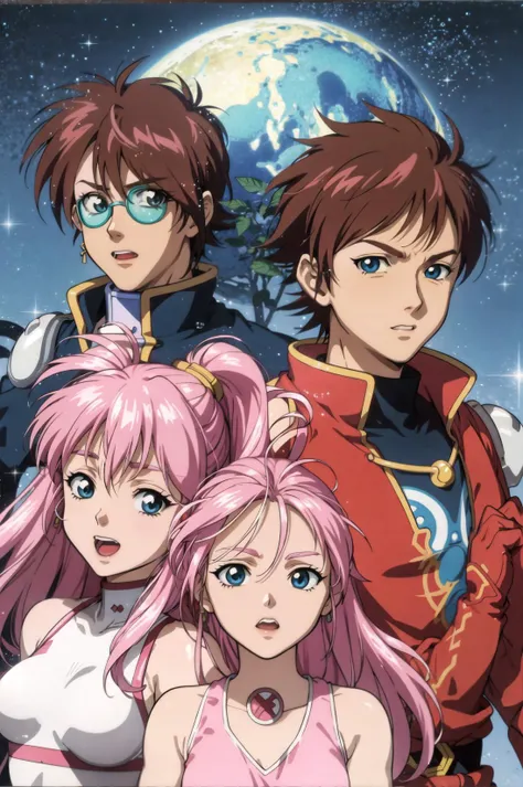 nekki basara, mylene flare jenius, 1boy, 1girl, blue eyes, brown hair, glasses, jewelry, long hair, looking at viewer, muscular, night, open mouth, pink hair, plant, round eyewear, short hair, star \(sky\), starry sky, tanabata <lora:90sv1.6R:0.6>