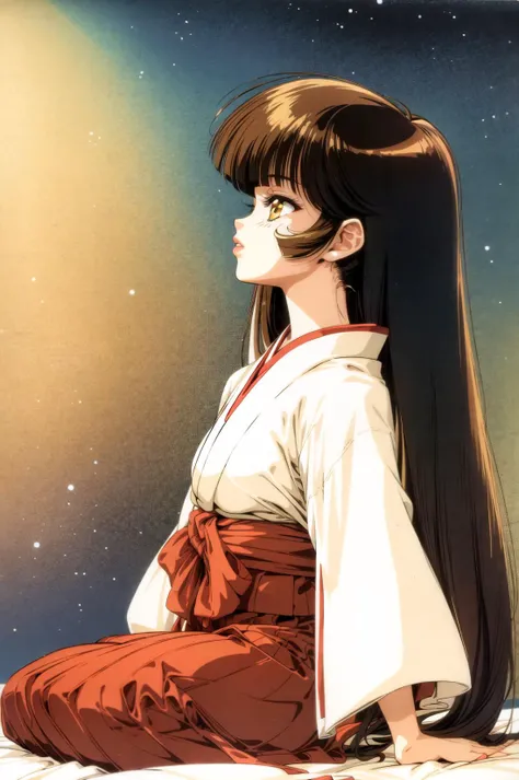 1990s \(style\), 1980s \(style\), miyu yamano, 1girl, bangs, blunt bangs, brown hair, floating hair, hakama, hakama skirt, japanese clothes, kimono, lips, long hair, miko, profile, red hakama, solo, white kimono, yellow eyes <lora:90sv1.3RW:0.6>