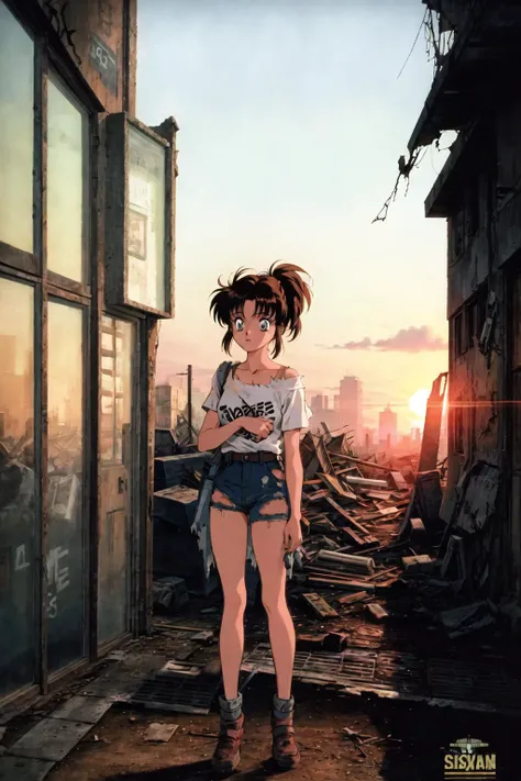 (1990s \(style\)), 1girl, torn clothes, ((post-apocalypse)), outdoors, broken windows, ruins, sunset <lora:90sv1.2R:0.6>