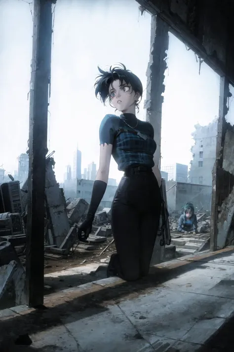 1990s \(style\), 1girl, post-apocalypse, ruins, broken window, city <lora:90sv1.2R:0.6>