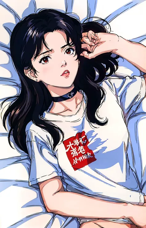 1990s \(style\), katsuragi misato, 1girl, , black hair, choker, earrings, jewelry, long hair, small breasts, solo, white panties, lying on a white bed, facing viewer, (looking at viewer), shirt, naked shirt, shirt tug <lora:shirtTugPoseLORA_shirtTug:0.7> <lora:90sv1.6R:0.3>