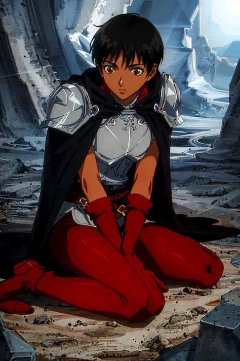 casca \(berserk\), 1girl, armor, black hair, boots, breastplate, brown eyes, cape, dark-skinned female, dark skin, gloves, red gloves, red legwear, short hair, shoulder armor, sitting, solo, thighhighs,
dark cave, dim light, photorealistic
<lora:esthetic90sStyle_v12R:0.6> <lora:theovercomer8sContrastFix_sd15:0.6> <lora:epiNoiseoffset_v2:1>
