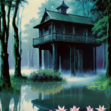 dark fantasy art style, swamp, water, dead tree, fog, creepy, a wooden hut on the water, small boat, lit lanterns hang on the porch, lily pads, small run down dock, light inside the hut, masterpiece, best quality, <lora:90sv2.0R:0.8> 1990s (style), retro artstyle, 1980s (style)