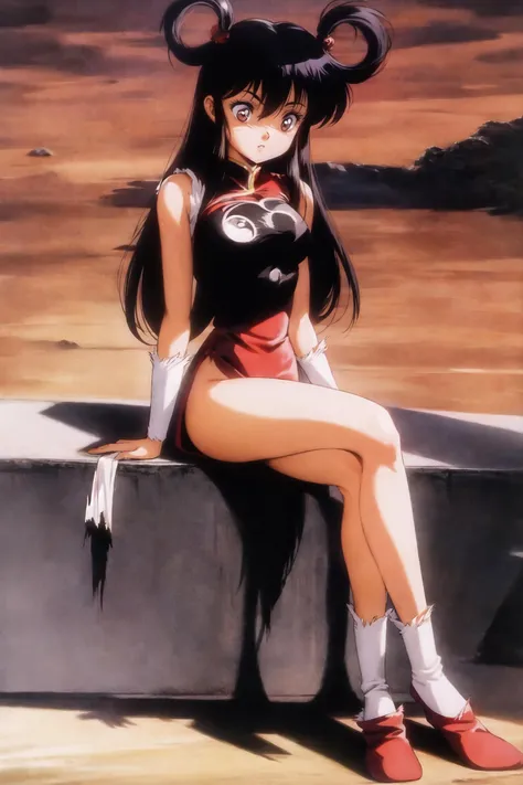 mano youko, mamono hunter youko, 1girl, solo, torn clothes, torn legwear, 1980s \(style\), full body, sitting <lora:90sv3.0R:0.6>