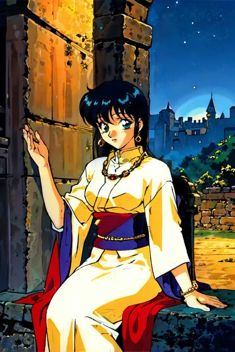 1990s \(style\) <lora:90sv1.3RW:0.7>,retro artstyle, raw, masterpiece, queen sitting on a ledge, wearing silk robes, fantasy, medieval, gold and jewelry, night sky, night time village, dim lighting
