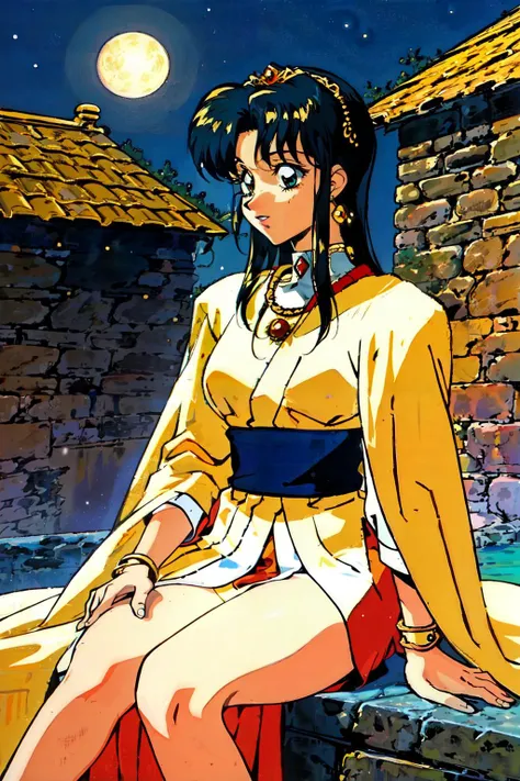 1990s \(style\) <lora:90sv1.3RW:0.7>,retro artstyle, raw, masterpiece, queen sitting on a ledge, wearing silk robes, fantasy,  medieval, gold and jewelry, night sky, night time village, dim lighting