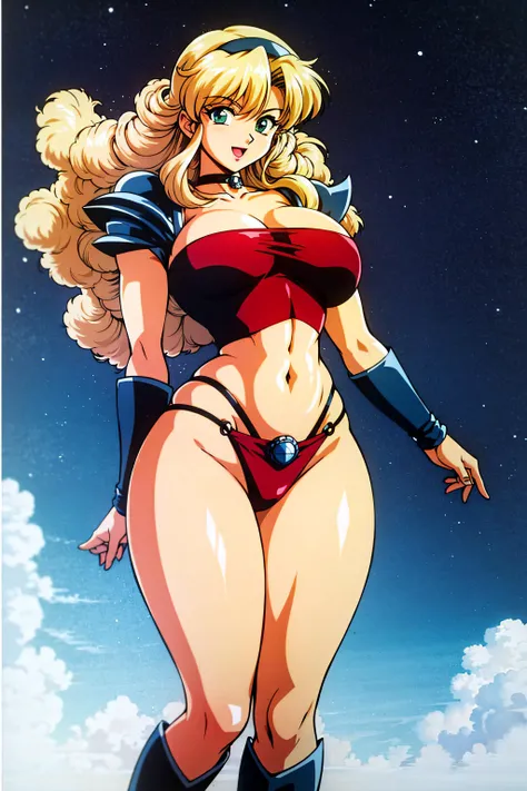 1980s \(style\), thick thighs,wide hips,huge thighs, muscular female, strong legs,toned abs, muscle body, cowboy shot, standing, viking godess, ((viking armor)), skindentation,large breasts, happy, (curly hair:1.1), blonde hair , arm straps,choker,best quality, 1girl, solo, village, night , star sky, looking at viewer,green eyes, armored boots, <lora:90sv1.3RW:0.6>