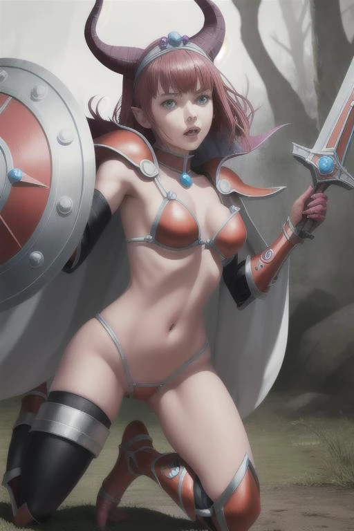 NSFW (((masterpiece+best quality+high resolution+ultra-detailed))), nude woman with wavy shoulder-length hair, Red Sonja, muscular, angular face, (red pubic hair), proud, leather boots, sword belt, sword, tropical beach background, blue sky, clouds, dynamic angle and posture.