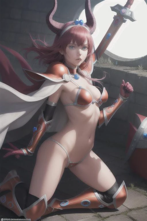 <lora:elizabethBathoryBikini_v10:1> ELIZABETH BATHORY
BIKINI ARMOR
ARMORED BOOTS
CAPE
SWORD
SHIELD
DRAGON TAIL
PAULDRONS
TIARA
DRAGON HORNS
LOOSE BIKINI
fighting
dynamic pose
running, proportional eyes, (realistic:1.5), extremely detailed, hyper detailed, soft lighting, detailed background, extreme detail background, sharp details, beautiful face, symmetrical eyes, short red hair, short hair, red hair, green eyes, woman, high quality, (full body:1.3),