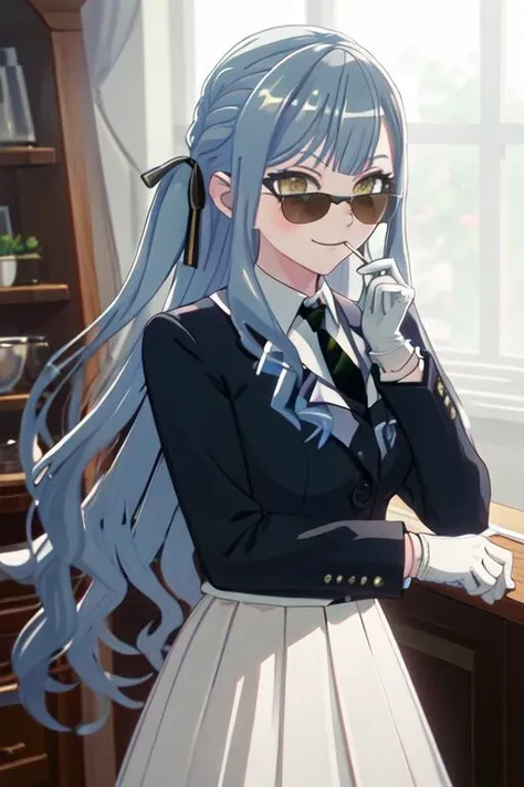 best quality, masterpiece, highres, solo, {black business suit:1.40}, {tie:1.20}, {sunglasses:1.25}, {white gloves:1.15}, {white shirt:1.10}, {black skirt:1.15}, {smoking:1.20}, handsome, {togawa_sakiko_bangdreamitsmygo:1.15}, long_hair, ribbon, hair_ribbon, bangs, blush, black_ribbon, yellow_eyes, grey_hair, sidelocks, portrait, closed_mouth, smile, indoors, blurry, blue_hair