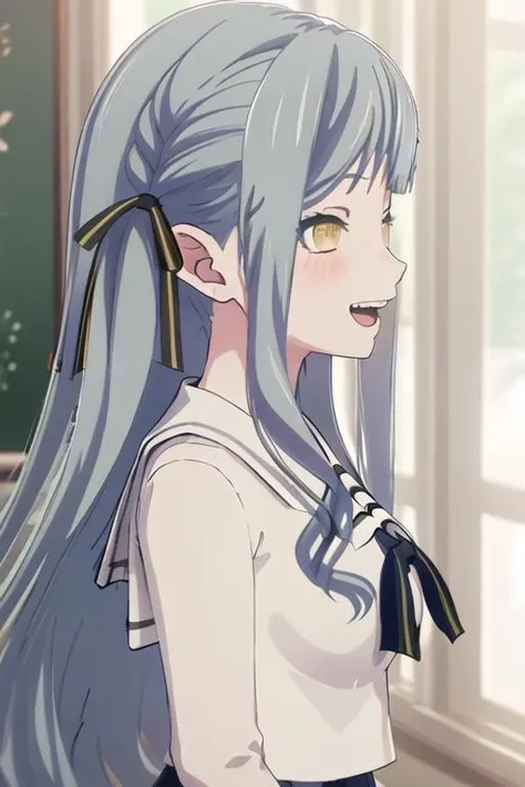 best quality, masterpiece, highres, solo, {togawa_sakiko_bangdreamitsmygo:1.15}, long_hair, ribbon, hair_ribbon, bangs, blush, black_ribbon, yellow_eyes, grey_hair, sidelocks, portrait, closed_mouth, smile, indoors, blurry, blue_hair, 1girl, closed_eyes, sailor_collar, school_uniform, serafuku, white_sailor_collar, shirt, blurry_background, open_mouth, teeth, upper_teeth_only, :d, from_side, light_blue_hair, profile, upper_body