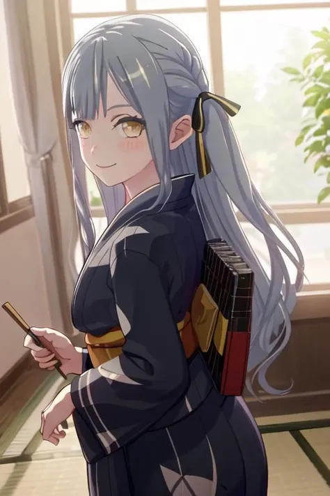 best quality, masterpiece, highres, solo, {yukata:1.40}, {kimono:1.20}, {togawa_sakiko_bangdreamitsmygo:1.15}, long_hair, ribbon, hair_ribbon, bangs, blush, black_ribbon, yellow_eyes, grey_hair, sidelocks, portrait, closed_mouth, smile, indoors, blurry, blue_hair