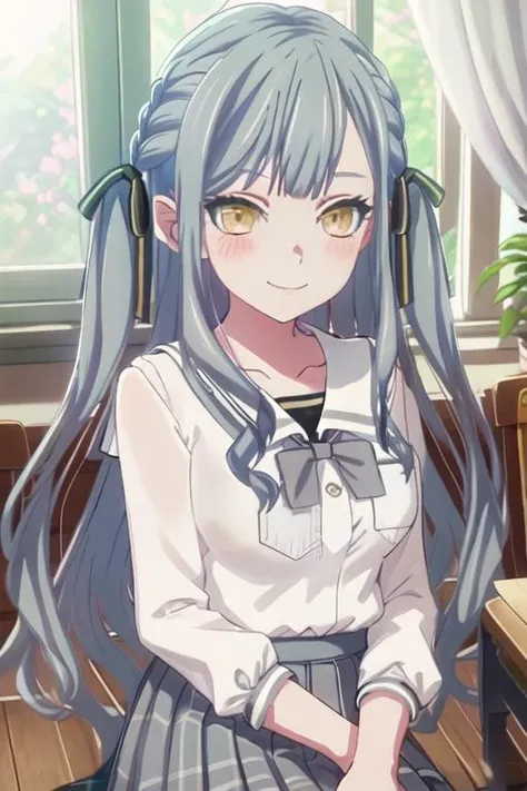 best quality, masterpiece, highres, solo, {togawa_sakiko_bangdreamitsmygo:1.15}, long_hair, ribbon, hair_ribbon, bangs, blush, black_ribbon, yellow_eyes, grey_hair, sidelocks, portrait, closed_mouth, smile, indoors, blurry, blue_hair, 1girl, collarbone, long_sleeves, plaid, plaid_skirt, pleated_skirt, sailor_collar, school_uniform, serafuku, shirt, skirt, two_side_up, white_sailor_collar, bow, bowtie, buttons, grey_bow, grey_ribbon, grey_skirt, light_blush, upper_body, blue_skirt, breasts, looking_at_viewer, medium_breasts, standing, blunt_bangs, window, black_shirt, braid, day, official_alternate_costume, official_alternate_hairstyle, pocket