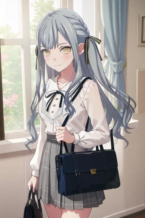 best quality, masterpiece, highres, solo, {togawa_sakiko_bangdreamitsmygo:1.15}, long_hair, ribbon, hair_ribbon, bangs, blush, black_ribbon, yellow_eyes, grey_hair, sidelocks, portrait, closed_mouth, smile, indoors, blurry, blue_hair, 1girl, bag, long_sleeves, neck_ribbon, shirt, skirt, standing, grey_skirt, plaid, plaid_skirt, white_shirt, buttons, frown, grey_shirt, hand_up, handbag, shoulder_bag, yellow_ribbon