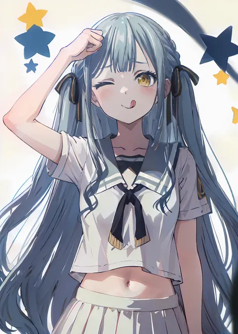 masterpiece,absurdres,white background,
upper body,eye_contact,
<lora:char-mygo_丰å·ç¥¥åtogawa_sakiko_bangdreamitsmygo:0.7>,togawa_sakiko_bangdreamitsmygo,人-mygo-mygo_丰å·ç¥¥åtogawa_sakiko_bangdreamitsmygo,
long_hair,ribbon,hair_ribbon,bangs,black_ribbon,yellow_eyes,sidelocks,blue_hair,flat chest,
blush,white serafuku,navel,
tehepero,dojikko pose,arm up,licking lips,one eye closed,;q,star \(symbol\),>_o,clenched hand,<lora:pose-Tehepero_å§¿å¿dojikkoPose:1.2>,;p,transparent background,touching head,