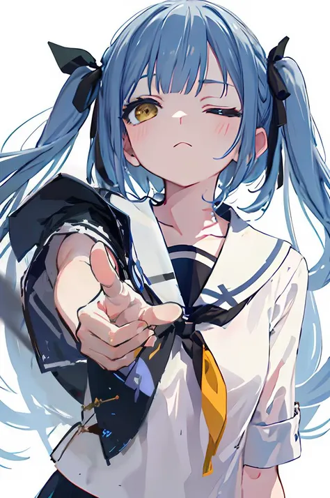 masterpiece,absurdres,white background,from_below,
eye_contact,glance_down,contempt,shaded_face,Flat chest,(one eye closed:1.2),
<lora:char-mygo_丰å·ç¥¥åtogawa_sakiko_bangdreamitsmygo:0.5>,expressionless,togawa_sakiko_bangdreamitsmygo,人-mygo-mygo_丰å·ç¥¥åtogawa_sakiko_bangdreamitsmygo,
long_hair,bangs,ribbon,hair_ribbon,black_ribbon,yellow_eyes,sidelocks,blue_hair,white serafuku,
pointing down,reaching out,head_tilt,, masterpiece, best quality,absurdres,1girl,solo,front view,white background,looking_at_viewer,eye contact,