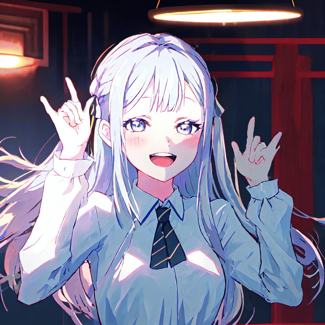 Anime girl with long white hair and blue eyes in a blue shirt - SeaArt AI