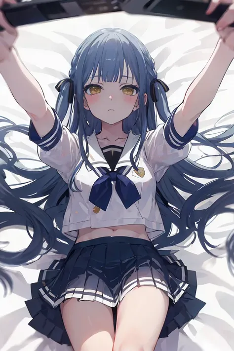 masterpiece,absurdres,white background,on bed,
eye_contact,contempt,Flat chest,(one eye closed:1.1),
<lora:char-mygo_ä¸°å·ç¥¥å­togawa_sakiko_bangdreamitsmygo:0.6>,expressionless,togawa_sakiko_bangdreamitsmygo,äºº-mygo-mygo_ä¸°å·ç¥¥å­togawa_sakiko_bangdreamitsmygo,
long_hair,bangs,ribbon,hair_ribbon,black_ribbon,yellow_eyes,Reach out to viewer,(miniskirt:0.7),sidelocks,blue_hair,white serafuku,miniskirt,
(fisheye:0.9),(foreshortening:1.5),(depth of field:1.5),from_above,legs,, masterpiece, best quality,absurdres,1girl,solo,front view,white background,looking_at_viewer,eye contact,