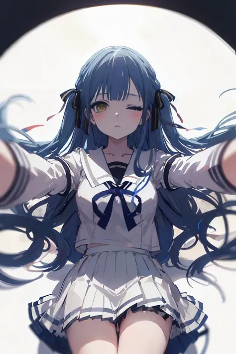 masterpiece,absurdres,white background,
eye_contact,contempt,Flat chest,(one eye closed:1.1),
<lora:char-mygo_丰å·ç¥¥åtogawa_sakiko_bangdreamitsmygo:0.6>,expressionless,togawa_sakiko_bangdreamitsmygo,人-mygo-mygo_丰å·ç¥¥åtogawa_sakiko_bangdreamitsmygo,
long_hair,bangs,ribbon,hair_ribbon,black_ribbon,yellow_eyes,Reach out to viewer,(miniskirt:0.7),sidelocks,blue_hair,white serafuku,miniskirt,
(fisheye:0.9),(foreshortening:1.5),(depth of field:1.5),from_above,legs,, masterpiece, best quality,absurdres,1girl,solo,front view,white background,looking_at_viewer,eye contact,