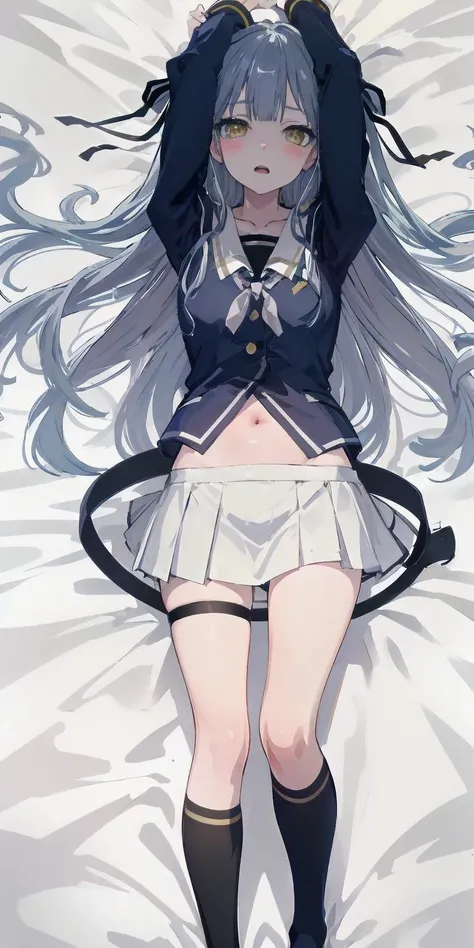 masterpiece,absurdres,lying on bed,
Flat chest,(one eye closed:0.5),<lora:char-mygo_丰å·ç¥¥åtogawa_sakiko_bangdreamitsmygo:0.6>,togawa_sakiko_bangdreamitsmygo,人-mygo-mygo_丰å·ç¥¥åtogawa_sakiko_bangdreamitsmygo,
long_hair,bangs,ribbon,hair_ribbon,black_ribbon,yellow_eyes,sidelocks,blue_hair,
from_above,blush,navel,shy,
white legwear,white miniskirt,uneven legwear,thigh_ribbon,open mouth,, masterpiece, best quality,absurdres,1girl,solo,front view,white background,looking_at_viewer,eye contact,