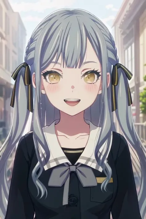 best quality, masterpiece, highres, solo, {togawa_sakiko_bangdreamitsmygo:1.15}, long_hair, ribbon, hair_ribbon, bangs, blush, black_ribbon, yellow_eyes, grey_hair, sidelocks, portrait, closed_mouth, smile, indoors, blurry, blue_hair, 1girl, blurry_background, collarbone, neck_ribbon, night, outdoors, shirt, two_side_up, yellow_ribbon, blunt_bangs, buttons, open_mouth, teeth, upper_body, upper_teeth_only, lamppost, v-shaped_eyebrows, braid, depth_of_field, long_sleeves, looking_at_viewer, official_alternate_hairstyle