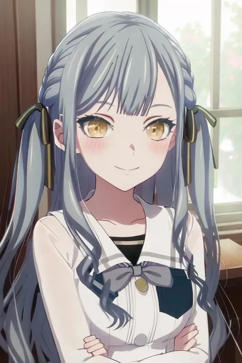 best quality, masterpiece, highres, solo, {togawa_sakiko_bangdreamitsmygo:1.15}, long_hair, ribbon, hair_ribbon, bangs, blush, black_ribbon, yellow_eyes, grey_hair, sidelocks, portrait, closed_mouth, smile, indoors, blurry, blue_hair