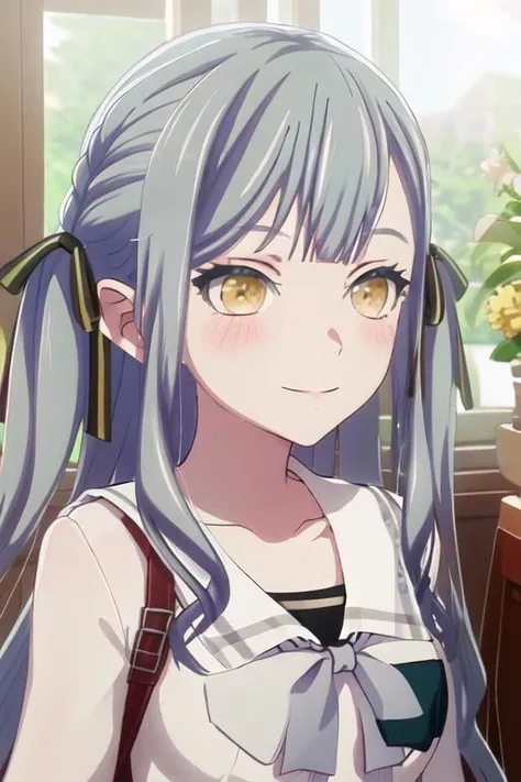 best quality, masterpiece, highres, solo, {togawa_sakiko_bangdreamitsmygo:1.15}, long_hair, ribbon, hair_ribbon, bangs, blush, black_ribbon, yellow_eyes, grey_hair, sidelocks, portrait, closed_mouth, smile, indoors, blurry, blue_hair, 1girl, blurry_background, collarbone, day, expressionless, outdoors, sailor_collar, school_uniform, serafuku, shirt, white_sailor_collar, depth_of_field, hair_ornament, hairclip, black_shirt, brown_eyes, looking_away, looking_to_the_side, upper_body