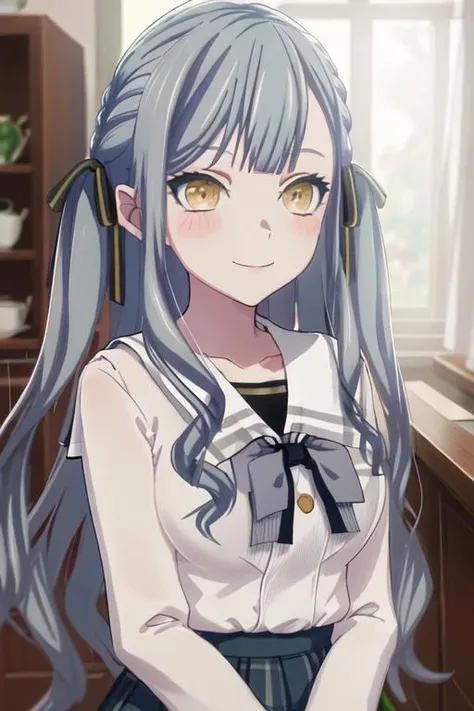 best quality, masterpiece, highres, solo, {togawa_sakiko_bangdreamitsmygo:1.15}, long_hair, ribbon, hair_ribbon, bangs, blush, black_ribbon, yellow_eyes, grey_hair, sidelocks, portrait, closed_mouth, smile, indoors, blurry, blue_hair, 1girl, looking_at_viewer, sailor_collar, school_uniform, serafuku, white_sailor_collar, light_blue_hair, shirt, blurry_background