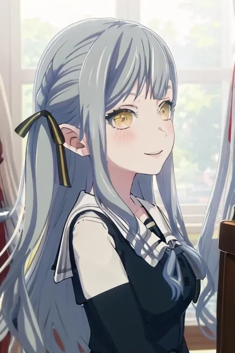 best quality, masterpiece, highres, solo, {togawa_sakiko_bangdreamitsmygo:1.15}, long_hair, ribbon, hair_ribbon, bangs, blush, black_ribbon, yellow_eyes, grey_hair, sidelocks, portrait, closed_mouth, smile, indoors, blurry, blue_hair, 2girls, multiple_girls, solo_focus, from_side, profile, blurry_background, looking_at_another, school_uniform, sailor_collar, white_sailor_collar
