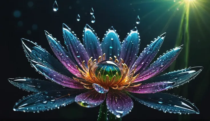 macro photo, sparkling dewdrops cling to a magical fantasy glass flower, very detailed, amazing quality, intricate, cinematic light, highly detail, beautiful, surreal, dramatic, galaxy fantasy colors,